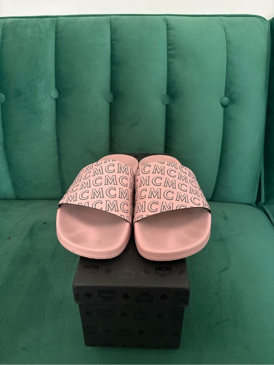 MCM Shoes - MCM Pink Logo Slide Sandals with All-Over Monogram